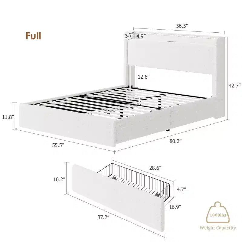 Boucle Bed Frame with Storage Headboard, Charging Station and LED Lights, Upholstered Platform Low Profile Bed Frame with 4 Storage Drawers