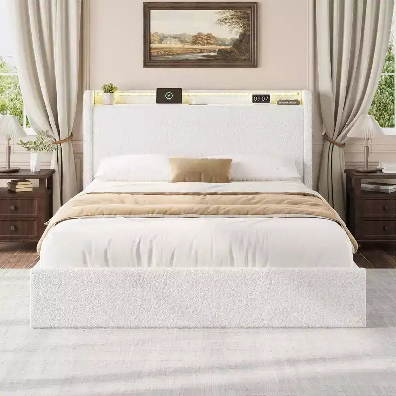 Boucle Bed Frame with Storage Headboard, Charging Station and LED Lights, Upholstered Platform Low Profile Bed Frame with 4 Storage Drawers