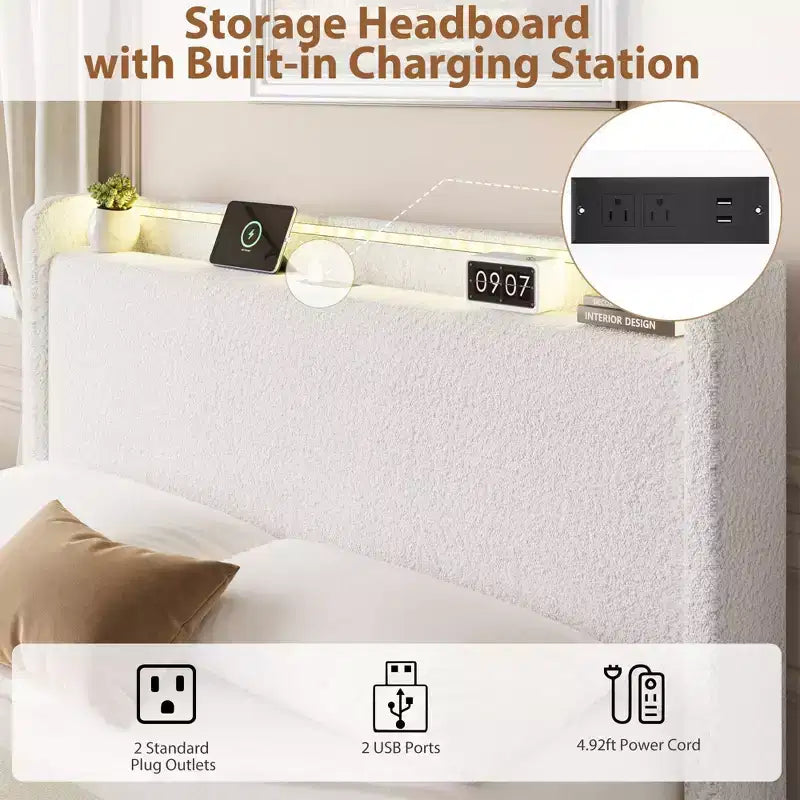 Boucle Bed Frame with Storage Headboard, Charging Station and LED Lights, Upholstered Platform Low Profile Bed Frame with 4 Storage Drawers