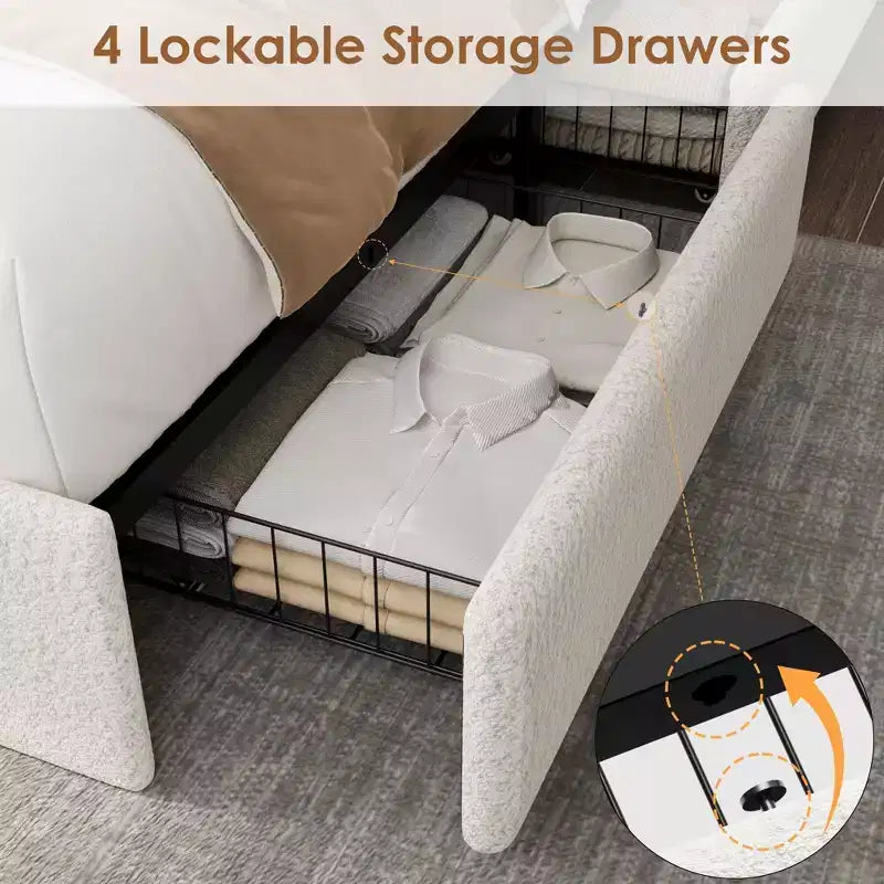 Boucle Bed Frame with Storage Headboard, Charging Station and LED Lights, Upholstered Platform Low Profile Bed Frame with 4 Storage Drawers