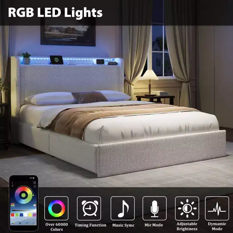 Boucle Bed Frame with Storage Headboard, Charging Station and LED Lights, Upholstered Platform Low Profile Bed Frame with 4 Storage Drawers