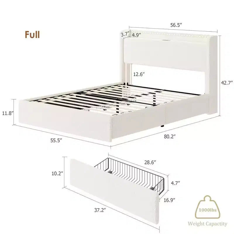 Boucle Bed Frame with Storage Headboard, Charging Station and LED Lights, Upholstered Platform Low Profile Bed Frame with 4 Storage Drawers