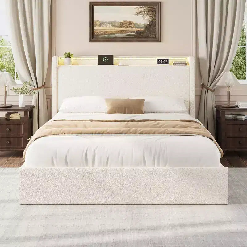 Boucle Bed Frame with Storage Headboard, Charging Station and LED Lights, Upholstered Platform Low Profile Bed Frame with 4 Storage Drawers