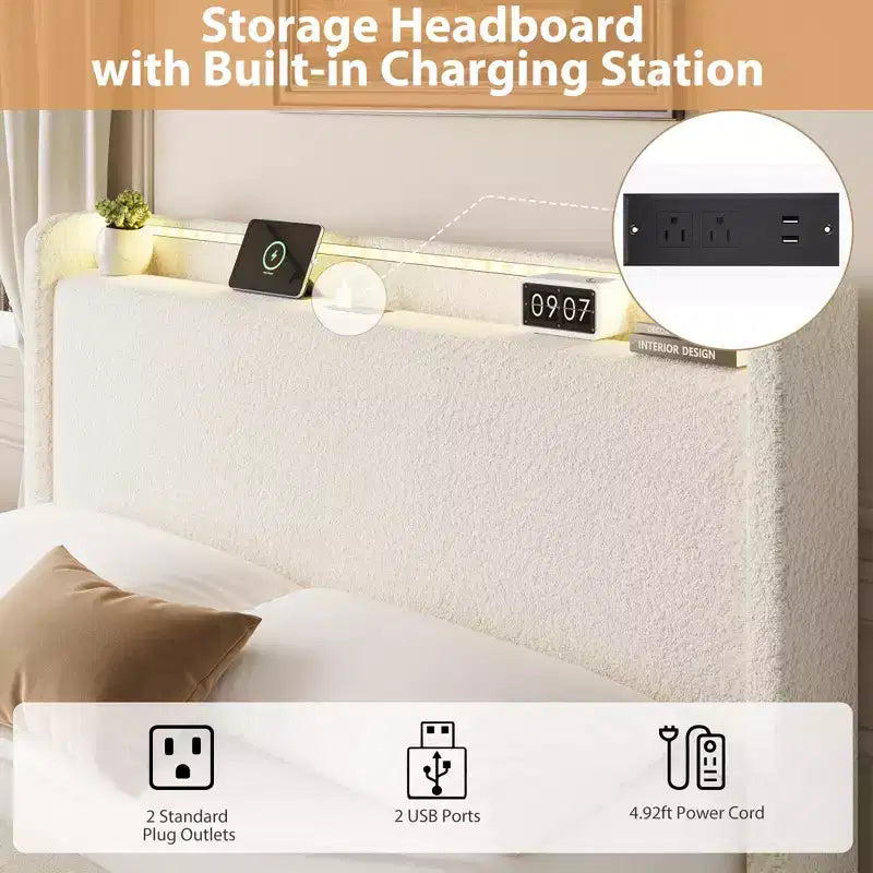 Boucle Bed Frame with Storage Headboard, Charging Station and LED Lights, Upholstered Platform Low Profile Bed Frame with 4 Storage Drawers