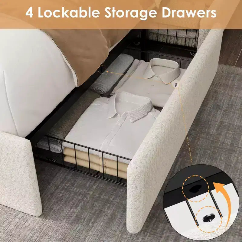Boucle Bed Frame with Storage Headboard, Charging Station and LED Lights, Upholstered Platform Low Profile Bed Frame with 4 Storage Drawers