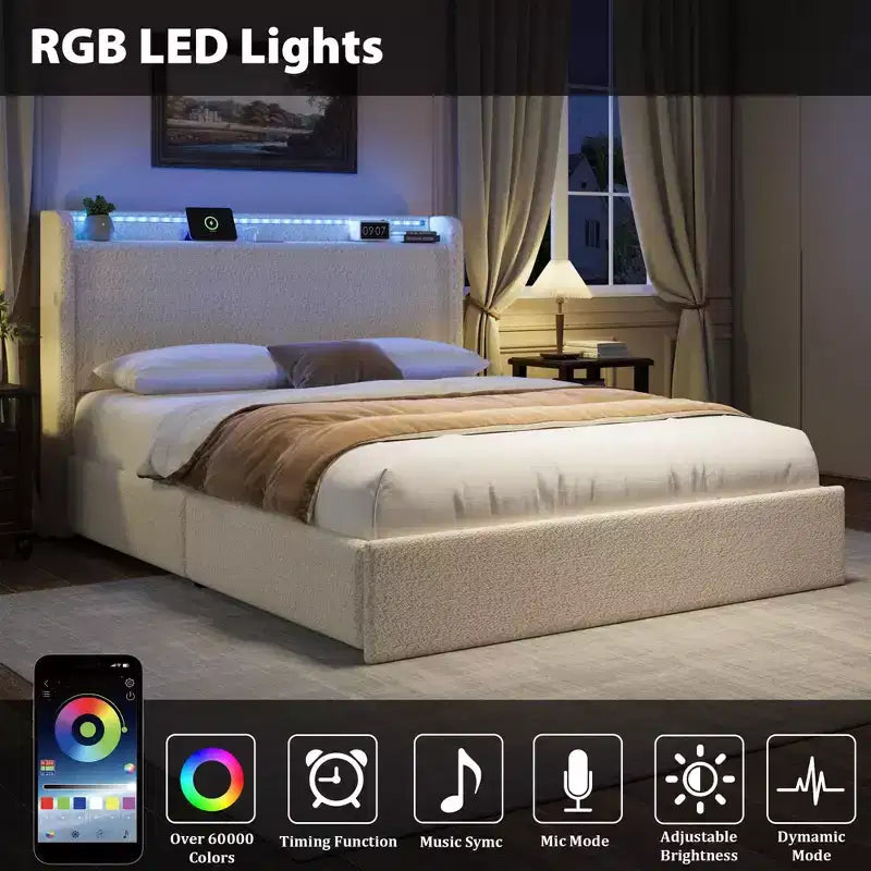 Boucle Bed Frame with Storage Headboard, Charging Station and LED Lights, Upholstered Platform Low Profile Bed Frame with 4 Storage Drawers