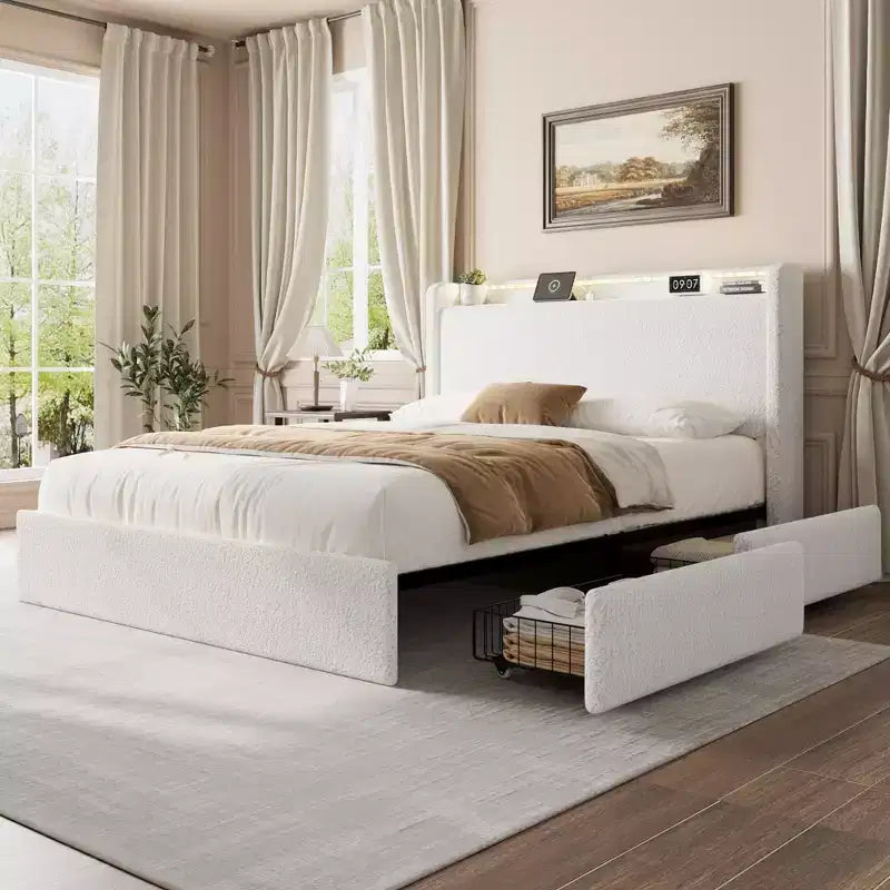 Boucle Bed Frame with Storage Headboard, Charging Station and LED Lights, Upholstered Platform Low Profile Bed Frame with 4 Storage Drawers