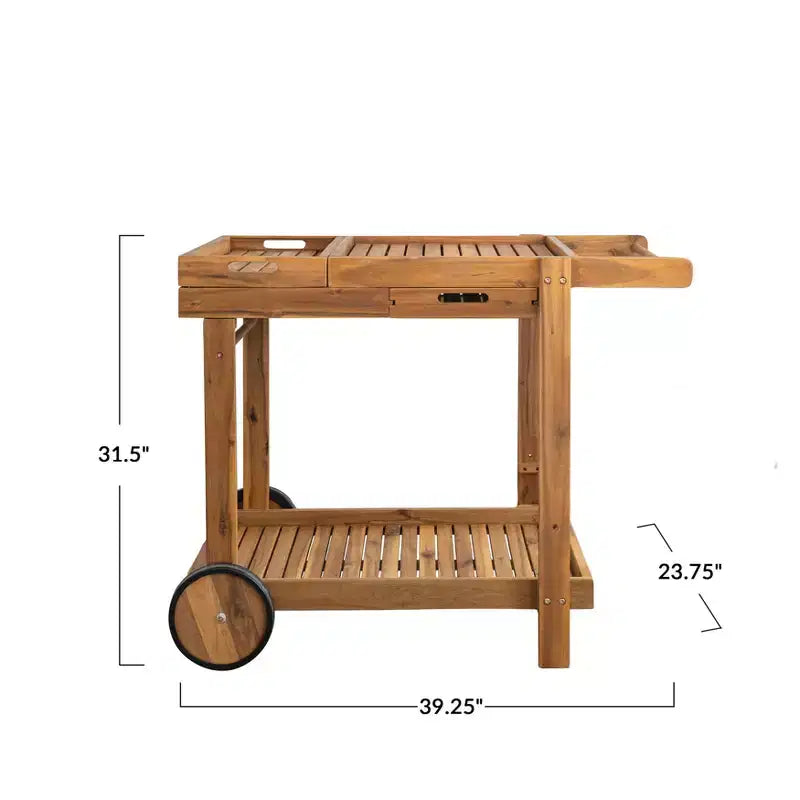 Indoor/Outdoor Acacia Wood 2-Tier Bar Cart on Wheels with Removable Tray and Drawer, Natural