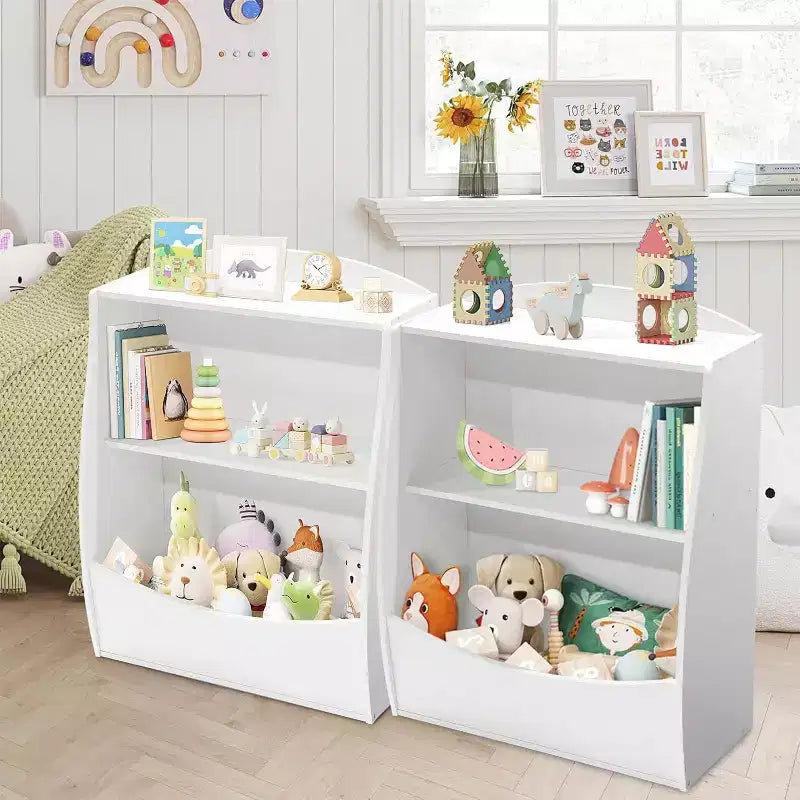 Toy Bookshelf & Storage Organizer, Playroom Toy Organizer & Storage, 2 Tier Wood Toy Storage Organizer for Kids Rooms, Living Room, Bedroom