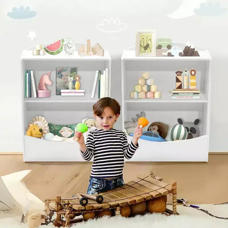 Toy Bookshelf & Storage Organizer, Playroom Toy Organizer & Storage, 2 Tier Wood Toy Storage Organizer for Kids Rooms, Living Room, Bedroom