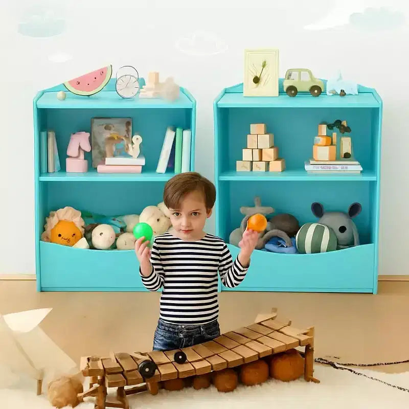 Toy Bookshelf & Storage Organizer, Playroom Toy Organizer & Storage, 2 Tier Wood Toy Storage Organizer for Kids Rooms, Living Room, Bedroom