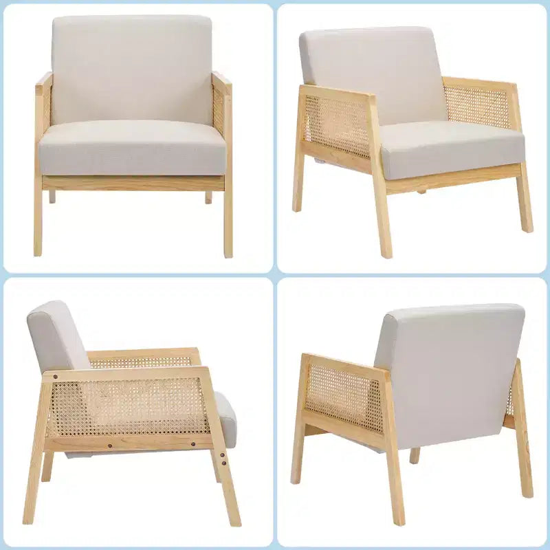 Mid Century Modern Accent Chair, Comfy Living Room Chairs with Sturdy Wood Legs, Rattan Backrest & Beige Thick Linen Cushion, Armchair (2 PCS)