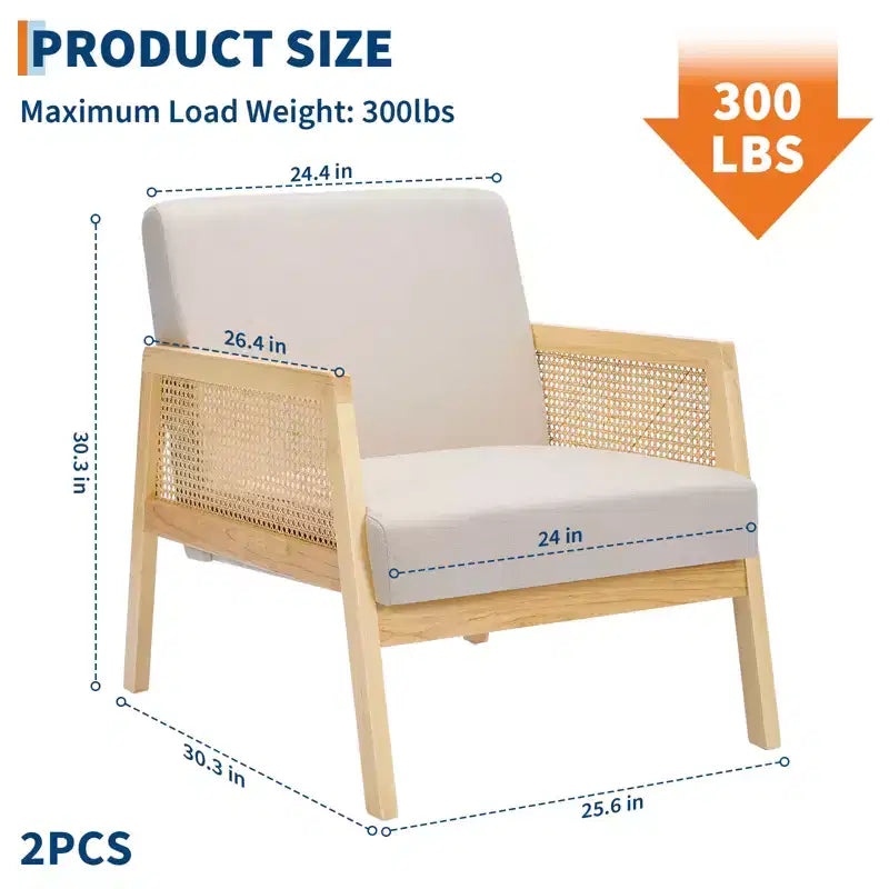 Mid Century Modern Accent Chair, Comfy Living Room Chairs with Sturdy Wood Legs, Rattan Backrest & Beige Thick Linen Cushion, Armchair (2 PCS)