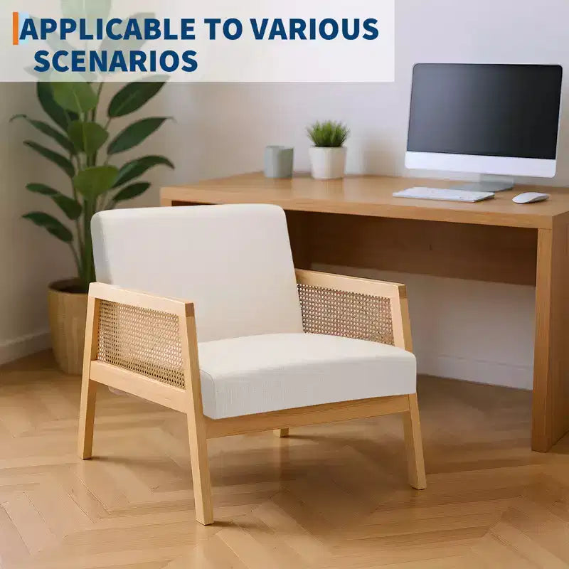 Mid Century Modern Accent Chair, Comfy Living Room Chairs with Sturdy Wood Legs, Rattan Backrest & Beige Thick Linen Cushion, Armchair (2 PCS)