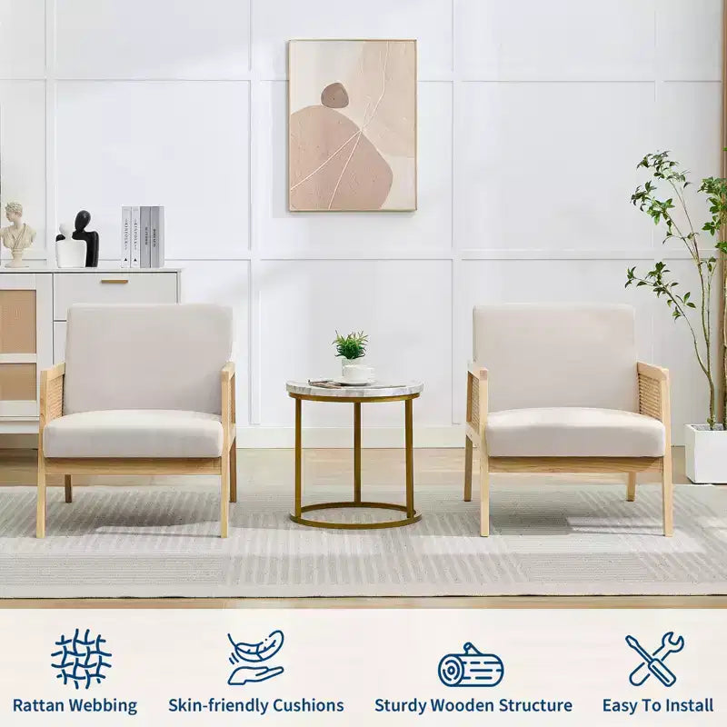 Mid Century Modern Accent Chair, Comfy Living Room Chairs with Sturdy Wood Legs, Rattan Backrest & Beige Thick Linen Cushion, Armchair (2 PCS)