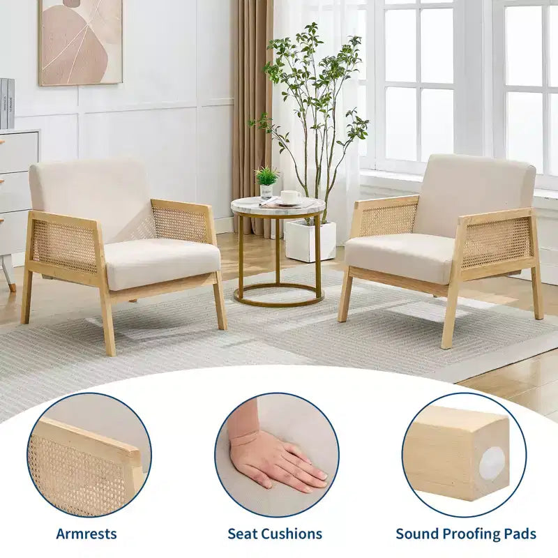 Mid Century Modern Accent Chair, Comfy Living Room Chairs with Sturdy Wood Legs, Rattan Backrest & Beige Thick Linen Cushion, Armchair (2 PCS)