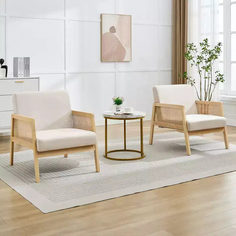 Mid Century Modern Accent Chair, Comfy Living Room Chairs with Sturdy Wood Legs, Rattan Backrest & Beige Thick Linen Cushion, Armchair (2 PCS)