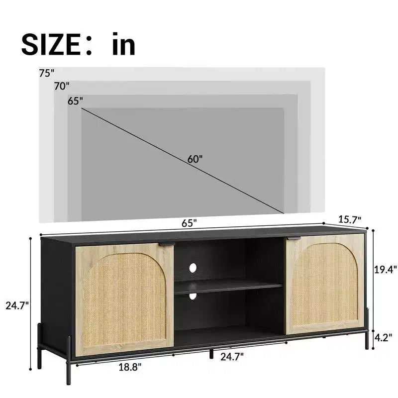 TV Stand with 3 Drawers for Living Room, Entertainment Center with Storage, Rattan Media Console Ith Metal Legs