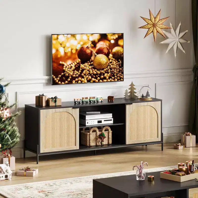 TV Stand with 3 Drawers for Living Room, Entertainment Center with Storage, Rattan Media Console Ith Metal Legs