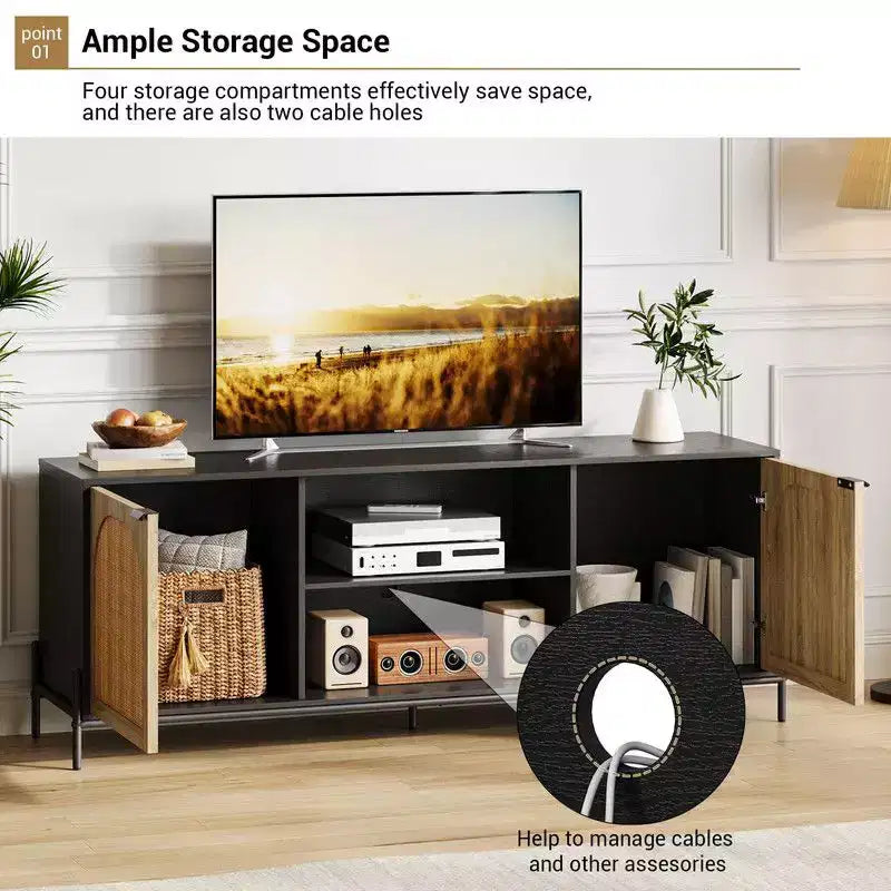TV Stand with 3 Drawers for Living Room, Entertainment Center with Storage, Rattan Media Console Ith Metal Legs