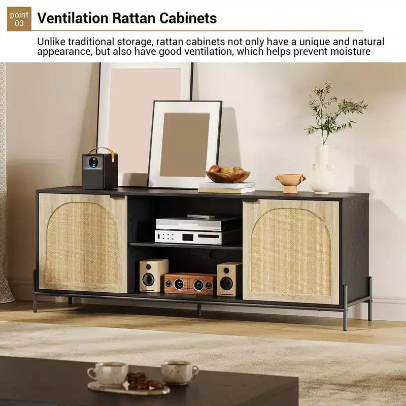 TV Stand with 3 Drawers for Living Room, Entertainment Center with Storage, Rattan Media Console Ith Metal Legs