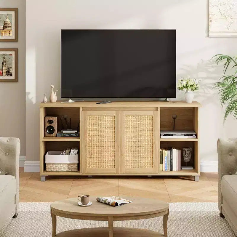70 Mid-Century Modern TV Stand with Rattan Doors - Entertainment Center for 70 Inch TV