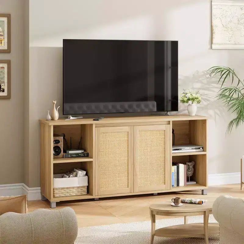 70 Mid-Century Modern TV Stand with Rattan Doors - Entertainment Center for 70 Inch TV