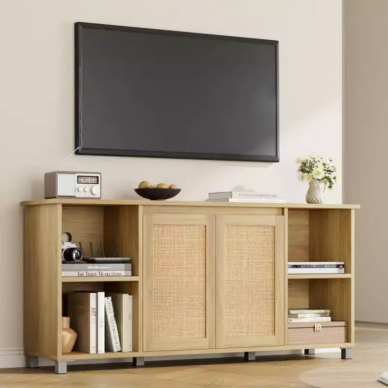 70 Mid-Century Modern TV Stand with Rattan Doors - Entertainment Center for 70 Inch TV
