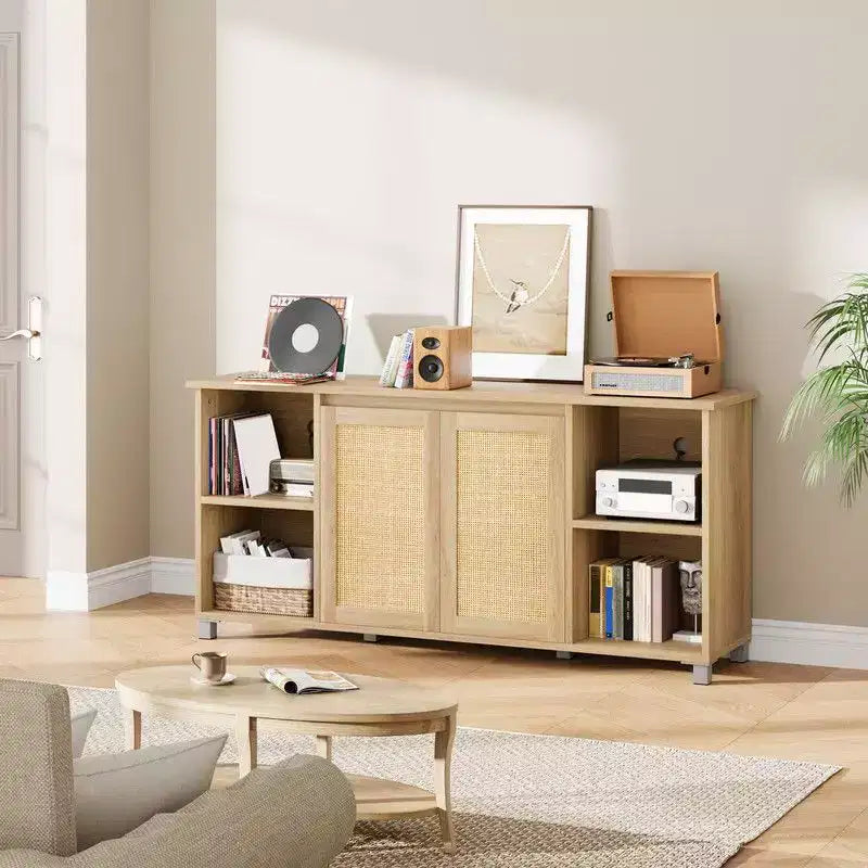70 Mid-Century Modern TV Stand with Rattan Doors - Entertainment Center for 70 Inch TV