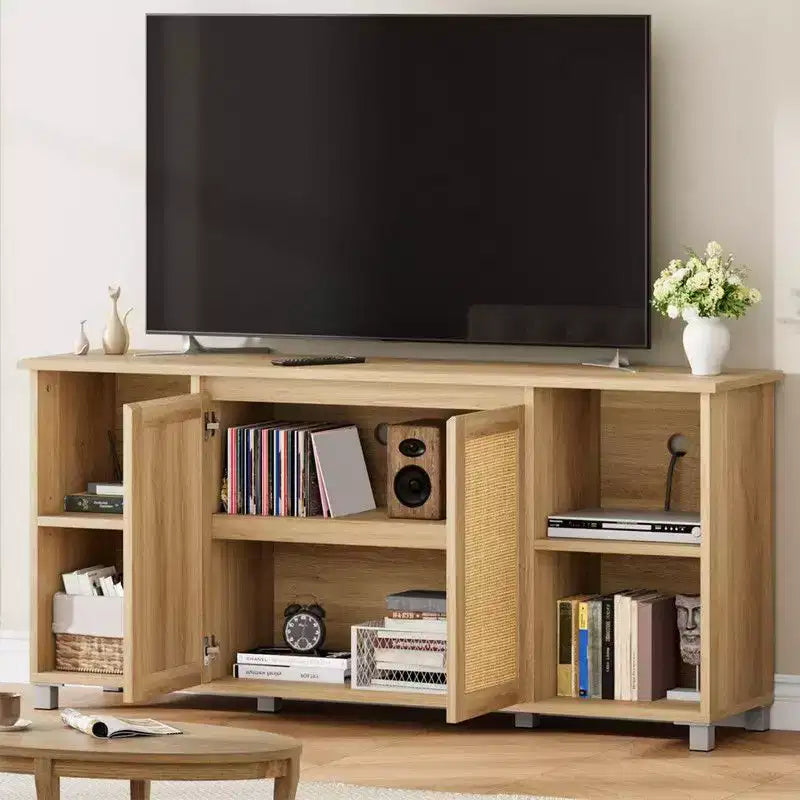 70 Mid-Century Modern TV Stand with Rattan Doors - Entertainment Center for 70 Inch TV