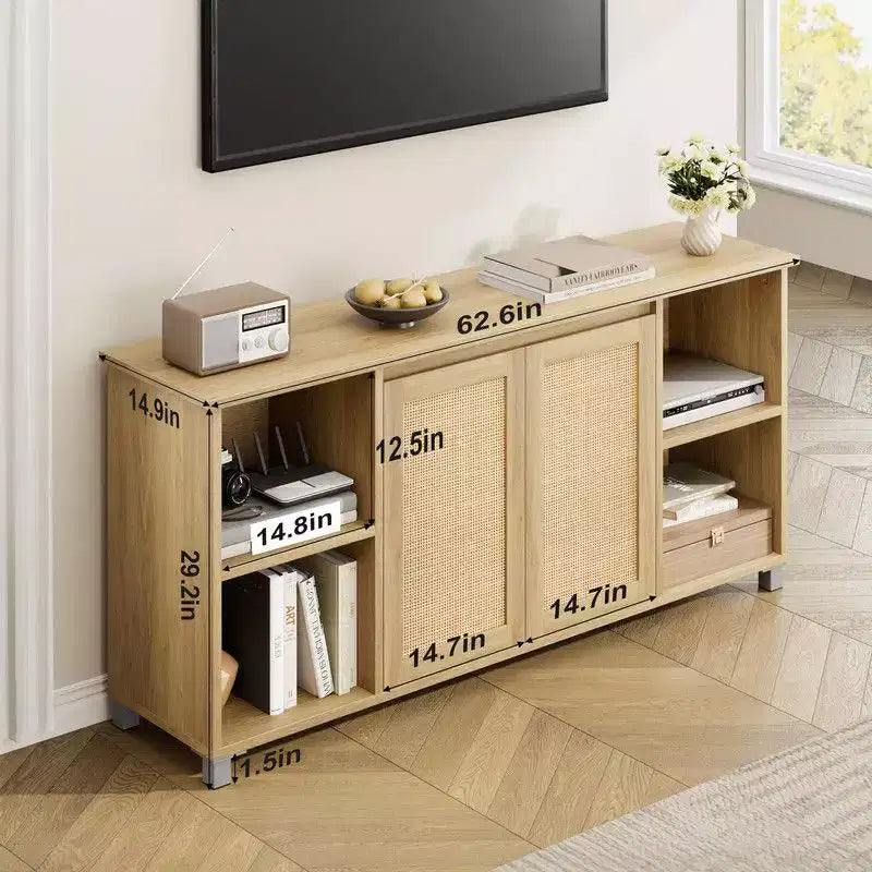 70 Mid-Century Modern TV Stand with Rattan Doors - Entertainment Center for 70 Inch TV