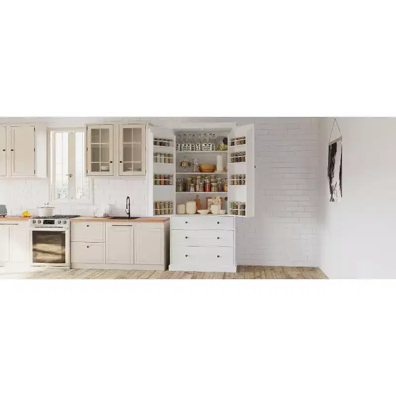 77in Farmhouse Pantry Cabinet, Freestanding Tall Cabinet with 3 Adjustable Shelves, 8 Door Shelves, 3 Drawers, Storage Cabinet for Kitchen