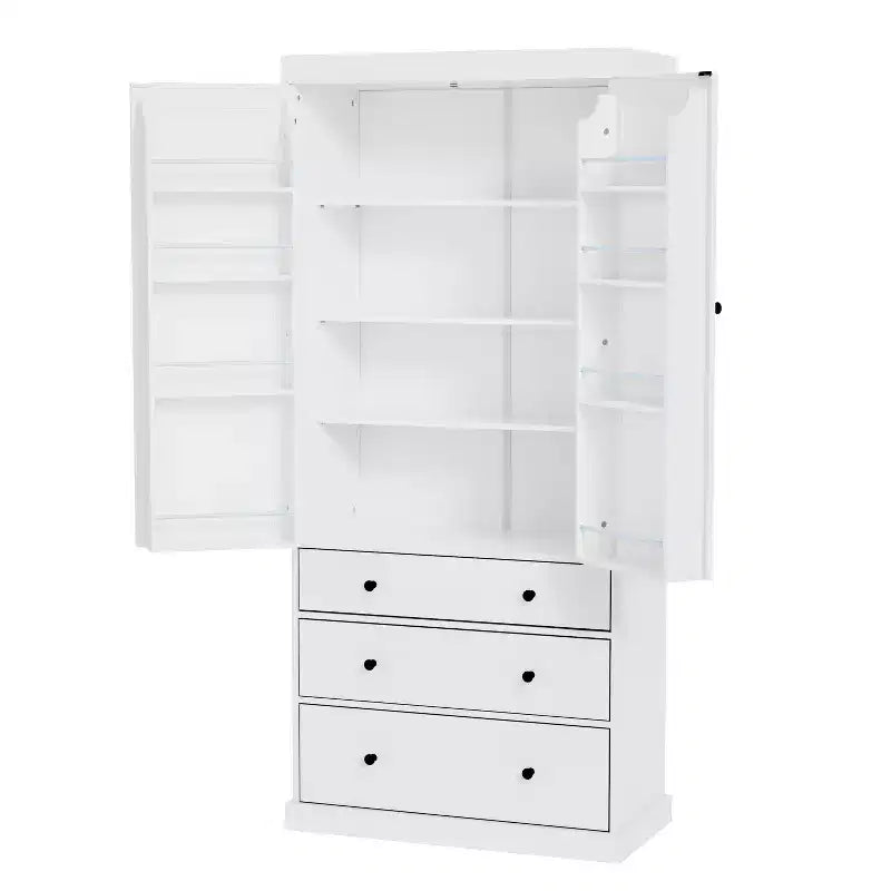 77in Farmhouse Pantry Cabinet, Freestanding Tall Cabinet with 3 Adjustable Shelves, 8 Door Shelves, 3 Drawers, Storage Cabinet for Kitchen