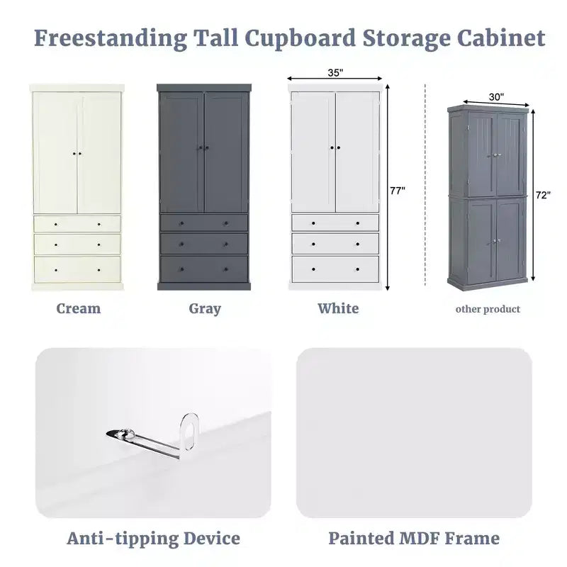 77in Farmhouse Pantry Cabinet, Freestanding Tall Cabinet with 3 Adjustable Shelves, 8 Door Shelves, 3 Drawers, Storage Cabinet for Kitchen