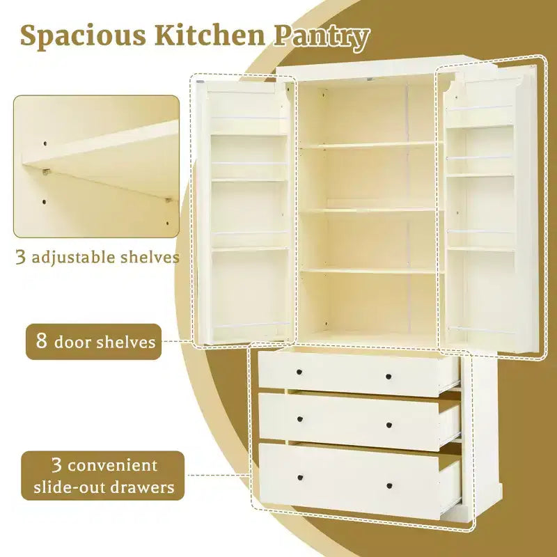 77in Farmhouse Pantry Cabinet, Freestanding Tall Cabinet with 3 Adjustable Shelves, 8 Door Shelves, 3 Drawers, Storage Cabinet for Kitchen