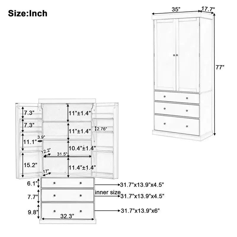 77in Farmhouse Pantry Cabinet, Freestanding Tall Cabinet with 3 Adjustable Shelves, 8 Door Shelves, 3 Drawers, Storage Cabinet for Kitchen