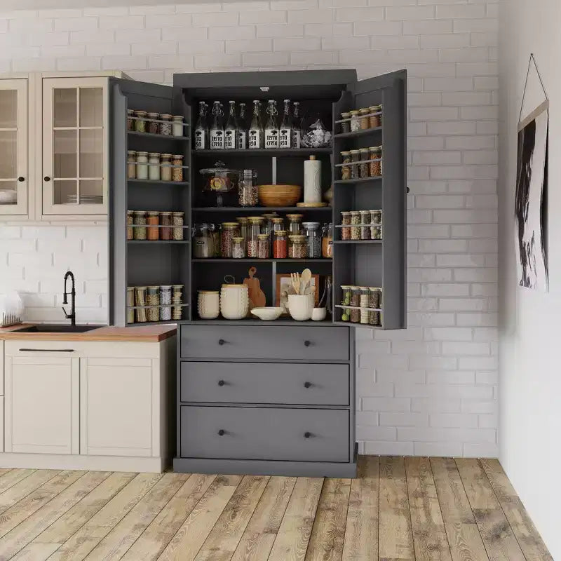 77in Farmhouse Pantry Cabinet, Freestanding Tall Cabinet with 3 Adjustable Shelves, 8 Door Shelves, 3 Drawers, Storage Cabinet for Kitchen