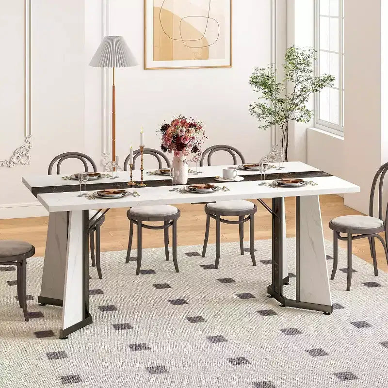 Zevemomo 70.9Large Dining Table for 8,Farmhouse Table with Spacious Tabletop&V-Shaped Steel Base,8 Adjustable Legs for Kitchen,Dining Room-White