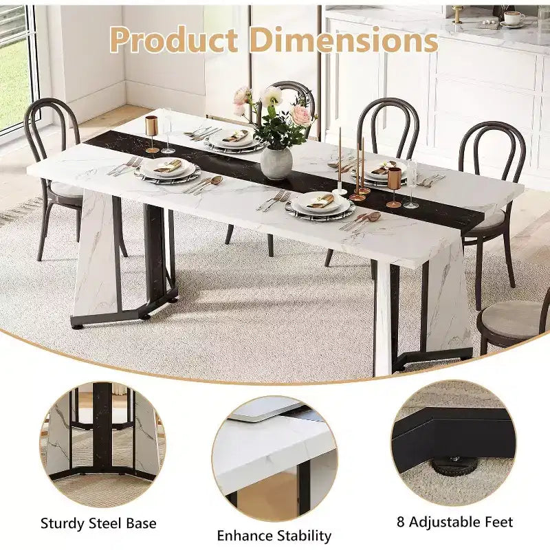 70.9 Large Dining Table for 8, Farmhouse Table with Spacious Tabletop & V-Shaped Steel Base, 8 Adjustable Legs for Kitchen, Dining Room - White