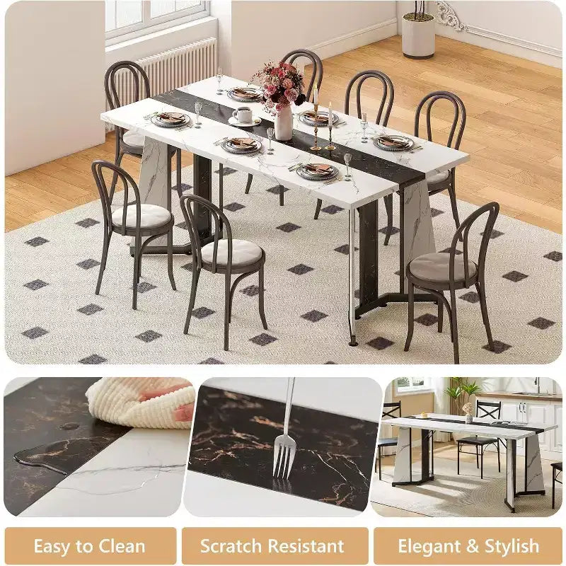 70.9 Large Dining Table for 8, Farmhouse Table with Spacious Tabletop & V-Shaped Steel Base, 8 Adjustable Legs for Kitchen, Dining Room - White