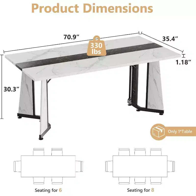 70.9 Large Dining Table for 8, Farmhouse Table with Spacious Tabletop & V-Shaped Steel Base, 8 Adjustable Legs for Kitchen, Dining Room - White