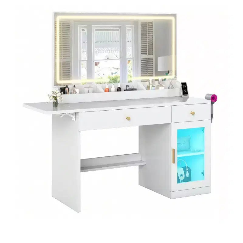 Modern Vanity Desk Makeup Table with Large Mirror 1 Cabinets Foldable Desk 2 Drawers Shelves, Dresser Vanity Desk Set for Bedroom