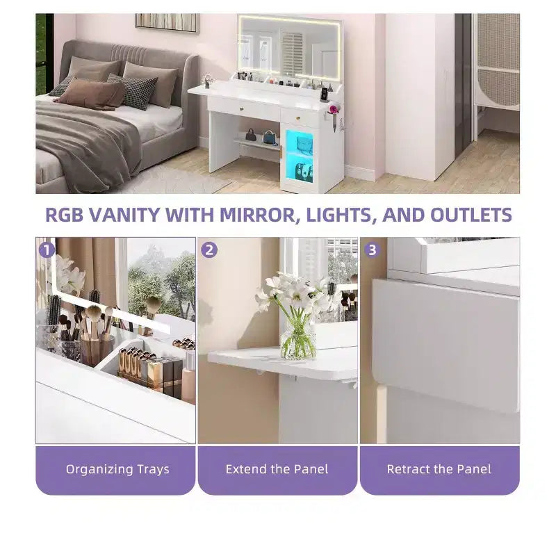 Modern Vanity Desk Makeup Table with Large Mirror 1 Cabinets Foldable Desk 2 Drawers Shelves, Dresser Vanity Desk Set for Bedroom