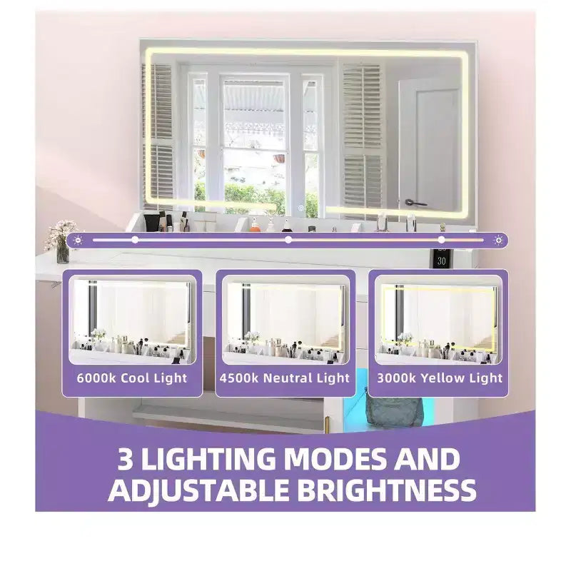 Modern Vanity Desk Makeup Table with Large Mirror 1 Cabinets Foldable Desk 2 Drawers Shelves, Dresser Vanity Desk Set for Bedroom