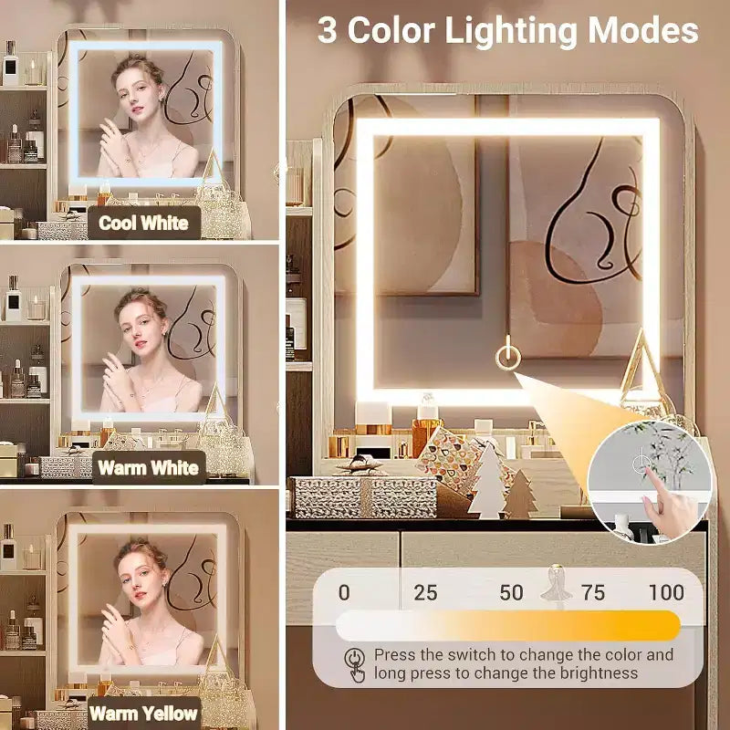 Makeup Vanity Set with Mirror and Lights, Modern Vanity Set with Hidden Storage Stool, 2 Large Drawers, 3-Tier Open Shelves, for Bedroom