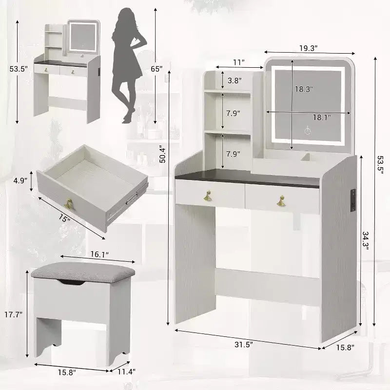 Makeup Vanity Set with Mirror and Lights, Modern Vanity Set with Hidden Storage Stool, 2 Large Drawers, 3-Tier Open Shelves, for Bedroom