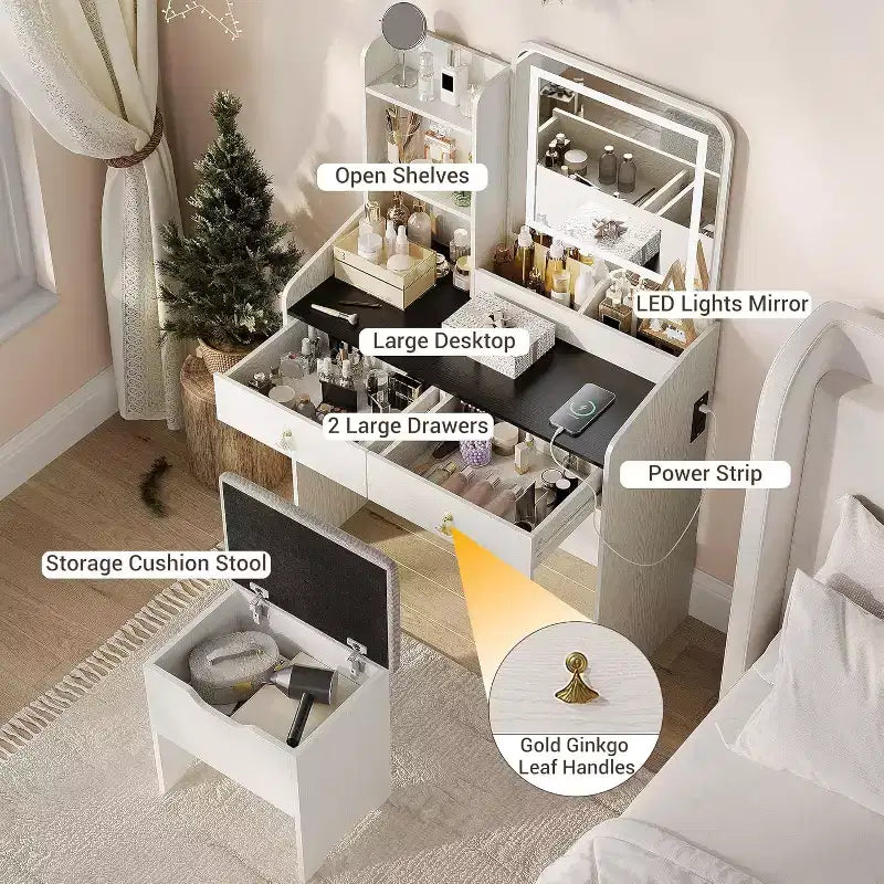 Makeup Vanity Set with Mirror and Lights, Modern Vanity Set with Hidden Storage Stool, 2 Large Drawers, 3-Tier Open Shelves, for Bedroom