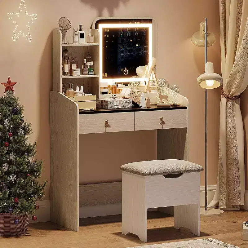 Makeup Vanity Set with Mirror and Lights, Modern Vanity Set with Hidden Storage Stool, 2 Large Drawers, 3-Tier Open Shelves, for Bedroom