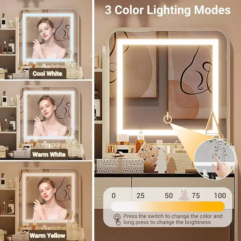 Makeup Vanity Set with Mirror and Lights, Modern Vanity Set with Hidden Storage Stool, 2 Large Drawers, 3-Tier Open Shelves, for Bedroom