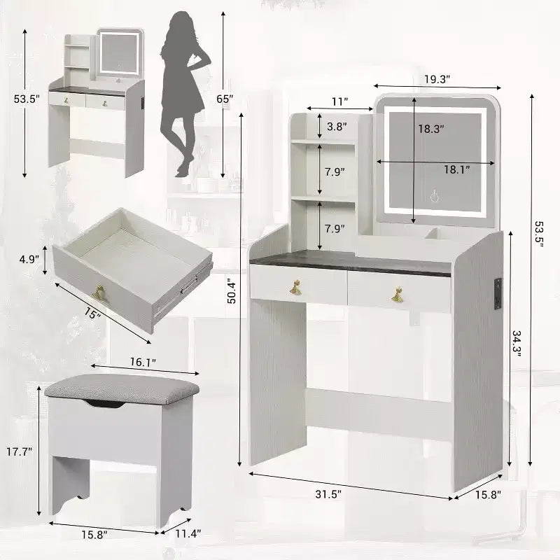 Makeup Vanity Set with Mirror and Lights, Modern Vanity Set with Hidden Storage Stool, 2 Large Drawers, 3-Tier Open Shelves, for Bedroom